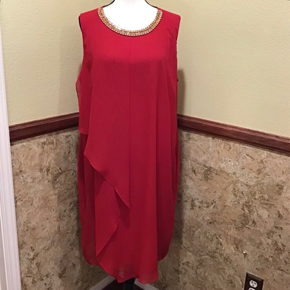 MSK 20W Dress Flowy Chiffon Sleeveless Midi Red Rhinestones Flattering Lined - Picture 11 of 16
